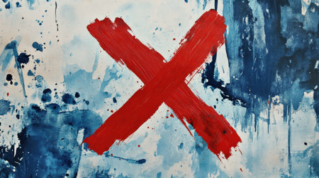 Artistic depiction of a red X painted on a splattered blue and white watercolor background, emphasizing boldness and finality.の素材
