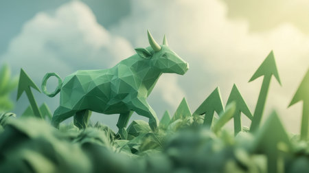 Artistic representation of a green bull in a polygonal design symbolizing growth and prosperity in finances, set against a dynamic background with arrows and clouds.の素材