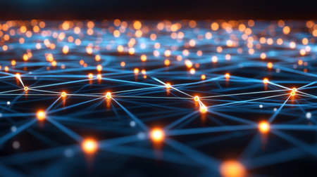 Explore a captivating abstract digital network characterized by glowing orange nodes and interconnected blue lines, perfect for technology and innovation themes.の素材