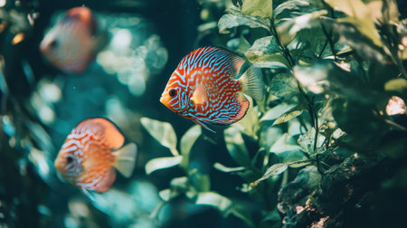 Discover the beauty of vibrant tropical fish swimming gracefully through a lush underwater environment filled with greenery and soft sunlight, creating a serene ambiance.の素材