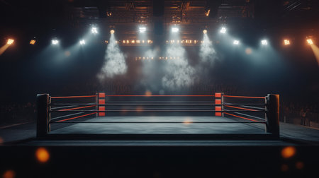 A striking image of an empty boxing ring illuminated by bright lights and surrounded by smoke, capturing the essence of sports and competition in a grand arena.の素材