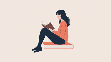 A charming illustration of a young woman engrossed in a book, seated comfortably on a large book, capturing the essence of reading and inspiration in a minimalistic design.の素材