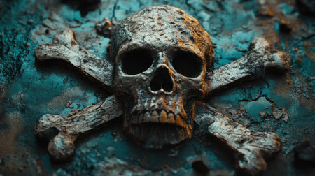 A striking close-up image showcasing a textured skull and crossbones emblem set against a rugged surface, evoking themes of danger and piracy in a captivating dark atmosphere.の素材