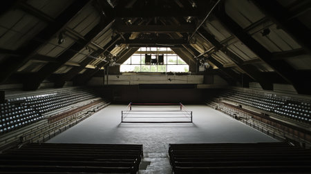 This image showcases an empty indoor sports arena featuring a tennis court, highlighting the unique architectural design and ambient lighting, evoking a sense of competition and tranquility.の素材