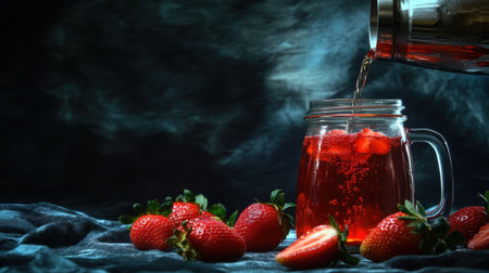 A visually striking image showcasing a glass jar filled with a sparkling strawberry beverage gently poured, accompanied by fresh strawberries, ideal for summer refreshment.の素材