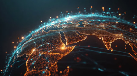 A stunning 3D visualization of a high-tech globe showcasing bright connections and data points over the continents, illustrating a dynamic digital network across Earth.の素材