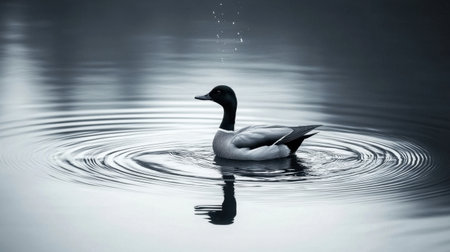 A tranquil scene featuring a solitary duck gracefully swimming on calm water, surrounded by softly rippling surface and gentle droplets, evoking peace and serenity.の素材