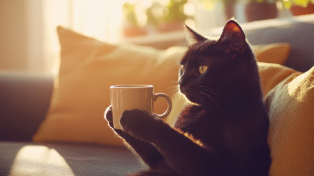 A peaceful black cat holding a cup looks out into a sunlit living room, capturing a cozy and inviting atmosphere filled with warmth and tranquility.の素材