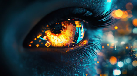 A captivating close-up of an eye featuring vibrant reflections of city lights and digital patterns, symbolizing the fusion of technology and vision in a surreal, artistic composition.の素材