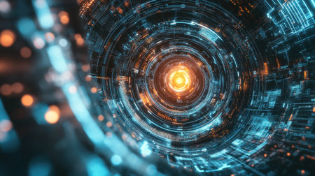 Explore a captivating futuristic design featuring glowing circular patterns in blue and orange tones, ideal for digital projects, sci-fi themes, and modern graphics.の素材