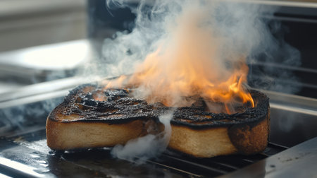 This striking image depicts charcoal toast on a grill, surrounded by smoke and flame, illustrating a cooking mishap that emphasizes the importance of kitchen safety and attentiveness.の素材