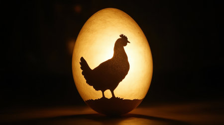 This captivating image features a silhouette of a chicken set against a beautifully illuminated eggshell, symbolizing the cycle of life in a creative and artistic way.の素材