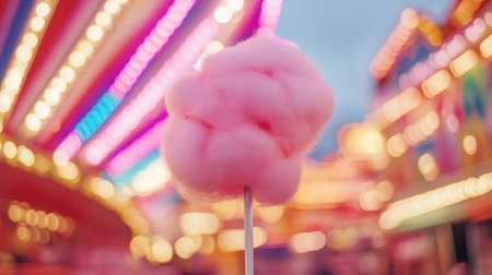 Enjoy a whimsical scene of soft pink cotton candy on a stick, set against a vibrant blurred background of an amusement park, creating a joyful and nostalgic atmosphere.の素材