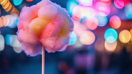 A whimsical treat of colorful cotton candy on a stick stands out against a backdrop of vibrant, blurred lights, evoking feelings of joy and celebration typical of festive events.の素材