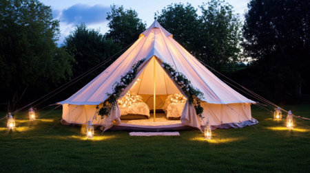 A magical glamping tent illuminated by soft lights, featuring floral decorations. Perfect for cozy evenings surrounded by lush greenery and tranquility, ideal for romantic getaways.の素材