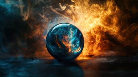 An intriguing sphere surrounded by vibrant flames and swirling colorful smoke creates a captivating atmosphere, perfect for conveying mystery and artistic expression.の素材