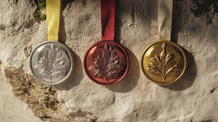 A striking collection of silver, bronze, and gold medals with intricate leaf designs, beautifully displayed against a natural stone background, ideal for themes of achievement and recognition.の素材