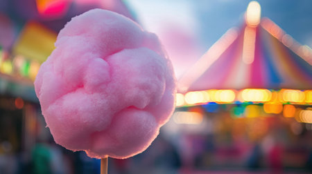 A delightful scene featuring a large fluffy pink cotton candy on a stick, set against a vibrant carnival atmosphere, evoking joy and nostalgia for festive memories.の素材