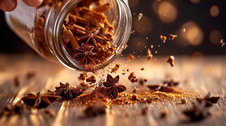 A captivating scene of spilled star anise and ground spices from a jar on a wooden table, enhanced by soft bokeh lights, perfect for culinary-themed projects and inspiring flavor creatives.の素材