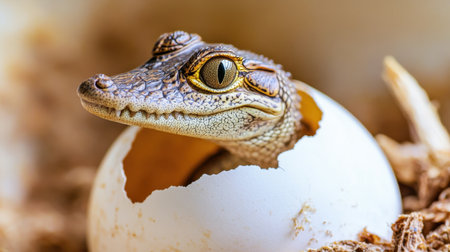A remarkable baby crocodile peeks out from its cracked egg, showcasing stunning details of its skin and eye, symbolizing new beginnings in the wild.の素材