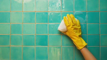 A person is cleaning vibrant blue bathroom tiles using yellow rubber gloves and a cloth, effectively removing soap scum and grime for a sparkling finish.の素材