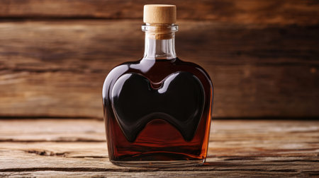 A beautifully crafted heart-shaped bottle filled with dark liquid sits against a rustic wooden backdrop, symbolizing love and perfect for unique gifts or gourmet drinks.の素材