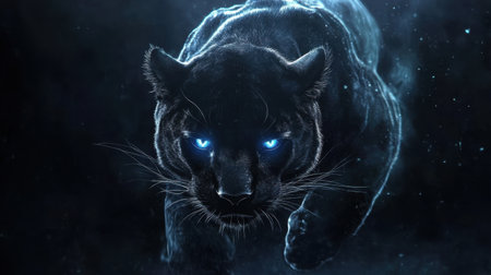 A stunning depiction of a dark panther with glowing blue eyes, showcasing its fierce beauty and stealth in a mesmerizing night setting filled with mystery.の素材
