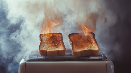 A pair of toasts burn in a retro toaster, releasing smoke and capturing a culinary mishap in a home kitchen. Ideal for illustrating cooking blunders or kitchen safety issues.の素材