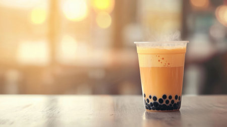 A clear cup filled with a creamy drink featuring tapioca pearls, set against a warm sunset backdrop, ideal for illustrating relaxation and enjoyment of flavorful beverages.の素材