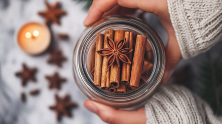 A close-up of hands holding a glass jar filled with cinnamon sticks and star anise, creating a cozy ambiance with a flickering candle and natural elements.の素材