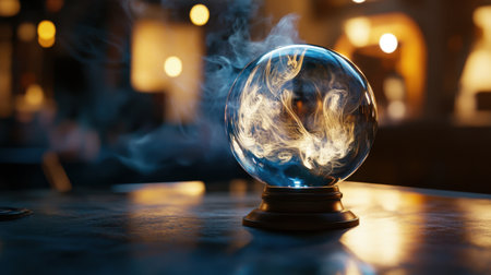 This stunning image features a crystal ball resting on a table, enveloped in swirling smoke with a soft, glowing background, perfect for evoking mystery and enchantment.の素材