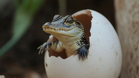 A captivating scene of a young lizard breaking free from its egg shell, symbolizing new life and the wonders of natureの素材