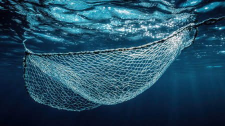 Beautiful underwater image of a fishing net suspended in clear ocean water, showcasing the interplay of light and ripples while highlighting marine life and human impacts on nature.の素材