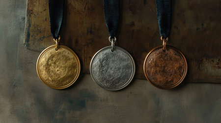 This image features three distinct medals in gold, silver, and bronze finishes, elegantly hanging from black ribbons against a textured background, symbolizing achievement and competition.の素材