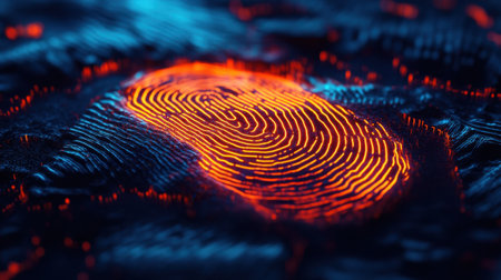 A striking digital illustration of a fingerprint glowing against an abstract background, symbolizing the interconnectedness of security, technology, and biometric identification.の素材