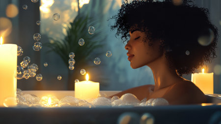 A serene moment featuring a woman enjoying a relaxing bath, surrounded by floating bubbles and flickering candles, creating a peaceful and tranquil atmosphere.の素材
