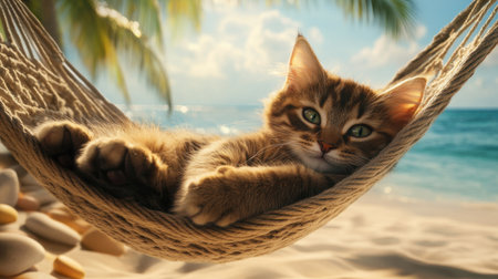 A charming tabby cat lounges in a hammock on a sunny beach, embodying relaxation amidst palm trees and gentle ocean waves, ideal for cat lovers and summer themes.の素材
