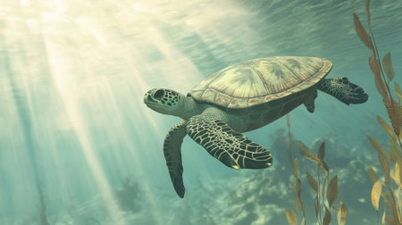 A graceful sea turtle moves effortlessly through sparkling clear waters, illuminated by gentle sunlight rays, showcasing the beauty of marine life and underwater ecosystems.の素材