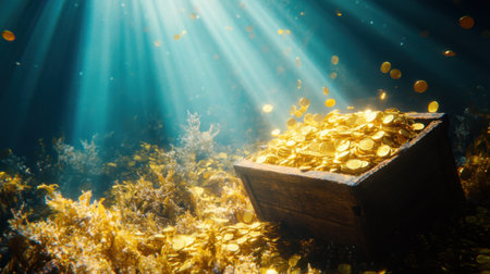 A captivating underwater scene featuring a treasure chest overflowing with shiny gold coins, illuminated by sunbeams penetrating the serene ocean water.の素材