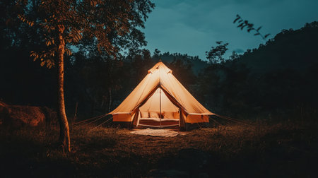 A peaceful camping scene featuring a glowing tent in a serene outdoor environment, surrounded by lush trees and a calming nighttime atmosphere. Perfect for nature lovers.の素材