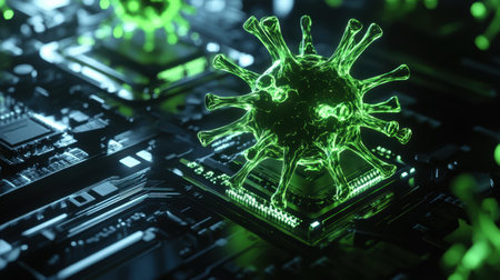 This 3D rendering showcases a green virus model situated on a circuit board, symbolizing the interplay between biology and technology within modern cybersecurity challenges.の素材