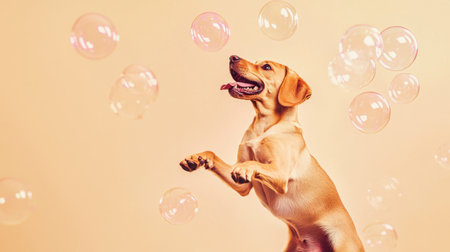 A joyful Labrador retriever leaps excitedly to catch colorful bubbles, showcasing the playful spirit of pets in a warm, inviting atmosphere filled with happiness.の素材