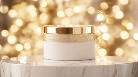 A luxurious cream jar rests on a marble surface, surrounded by a beautiful golden bokeh background, perfect for showcasing beauty products in marketing campaigns.の素材