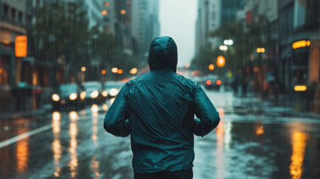 A lone runner navigates a rainy urban street, creating a striking visual of resilience amidst the downpour, with reflections and city lights adding to the atmospheric scene.の素材