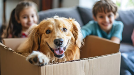 A cheerful golden retriever enjoys sitting inside a cardboard box, surrounded by two smiling children, capturing a joyful family moment in a bright living room setting.の素材