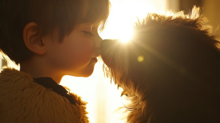 A touching scene of a child and dog sharing a kiss, illuminated by soft golden light, showcasing the deep bond and affection between them in a serene moment.の素材