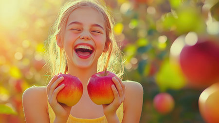 A joyful young girl with long hair smiles brightly while holding two fresh red apples in a sunny orchard, capturing the essence of childhood and happiness in nature.の素材