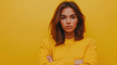 A stylish young woman in a yellow sweater stands confidently against a bright yellow wall, embodying modern fashion with her poised expression and relaxed demeanor.の素材