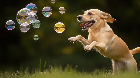 A cheerful Labrador retriever joyfully leaps to chase colorful bubbles in a sunny outdoor setting, showcasing a vibrant and playful scene of pure happiness in nature.の素材