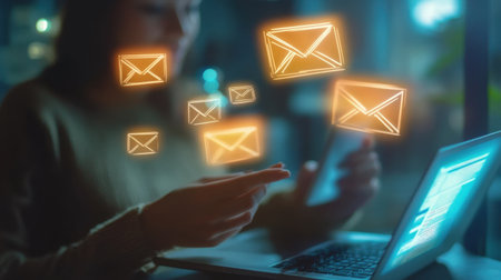 A young woman uses her smartphone and laptop in an evening setting, illuminated by warm light. Glowing envelope icons appear, symbolizing incoming digital messages and communication.の素材